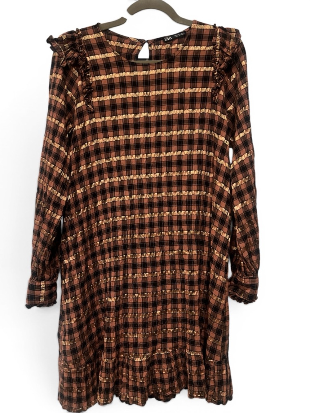 ZARA Brown Plaid Ruffle Long Sleeve Dress